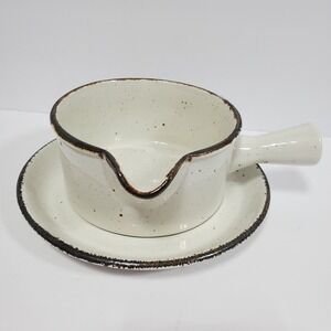 Midwinter Stonehenge Gravy Boat Cup & Saucer Set of 2 Cream Speckled Brown Trim